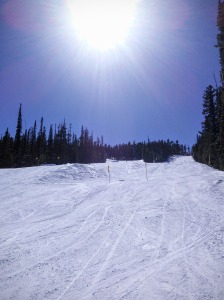 sun flare on snowy white slop and bright blue sky